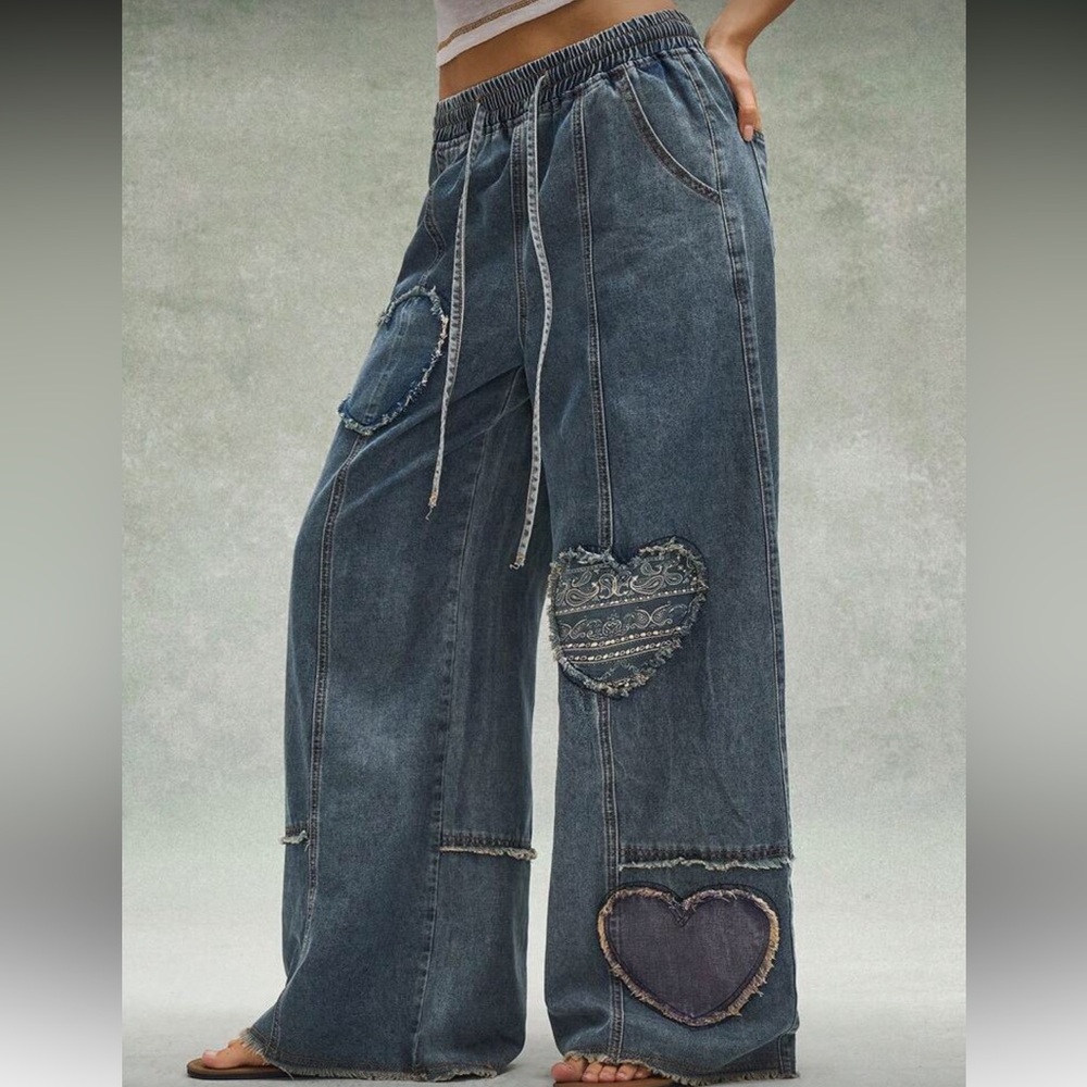 Heart Patch Wide-Leg denim jogger style Jeans print distressed - Picture 3 of 6